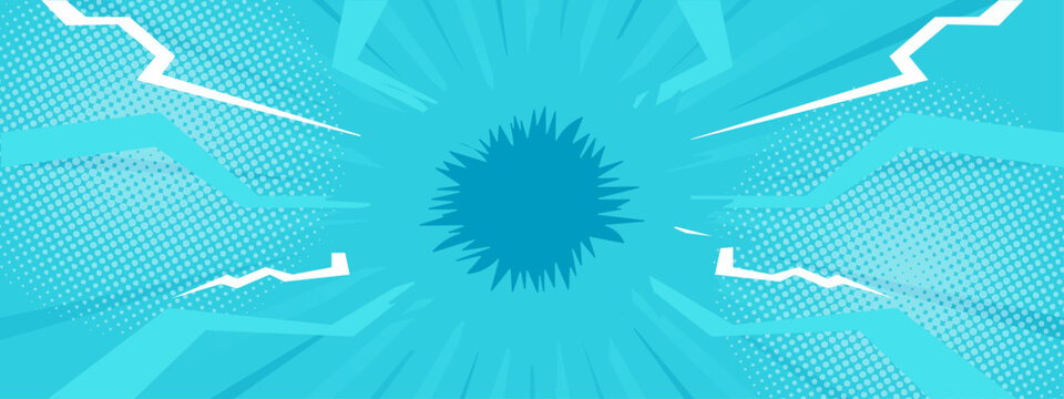 Energetic cyan comic book style background with lightning bolts and halftone dots