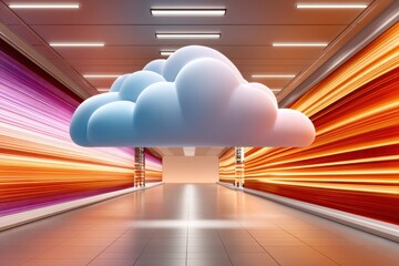 Floating cloud icon in the center of an open server room with colorful light trails and a futuristic data center