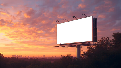 Large Blank Highway Billboard Mockup at Sunset, Cinematic Golden Hour Sky with City Skyline in Distance