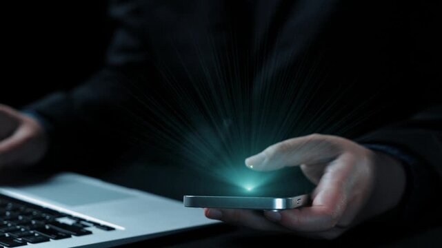 A modern workspace illustration featuring a hand holding a smartphone and a laptop with a glowing globe, symbolizing the commitment to achieving net zero and promoting sustainability. Qubit