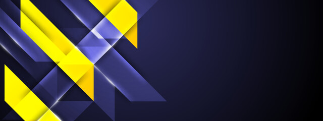Dynamic composition of blue and yellow diagonal geometric shapes with sharp light streaks