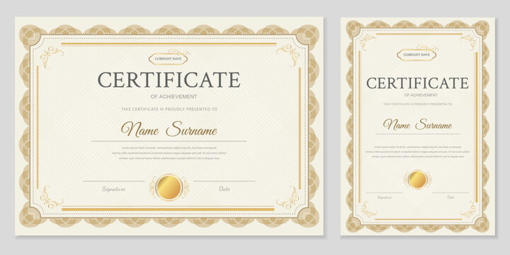 Professional certificate and diploma template in horizontal and vertical formats. Elegant gold frame, classic design with guilloche pattern. Editable vector layout for business.