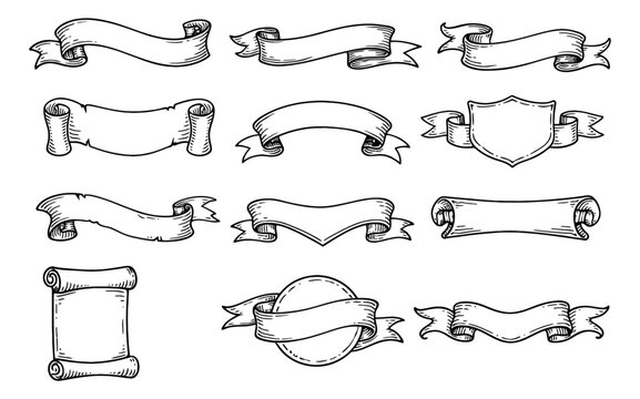 Hand drawn line art banner set featuring decorative ribbons, classic scrolls, and a shield for labels and graphic design