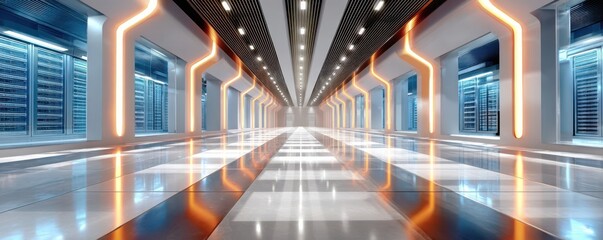 Futuristic data center corridor with neon orange arches, blue server racks, and a reflective, high-tech floor