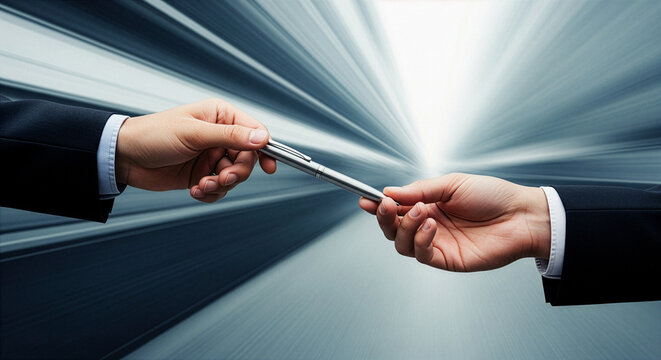 Business hands passing pen for signature on abstract speed background