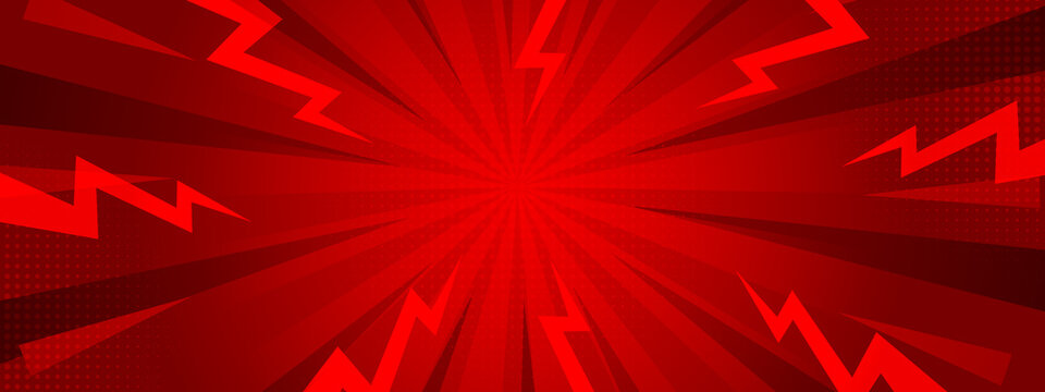 Red comic style sunburst and lightning abstract background with halftone retro effect