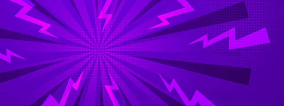 Purple retro comic lightning abstract background featuring sunburst rays and halftones