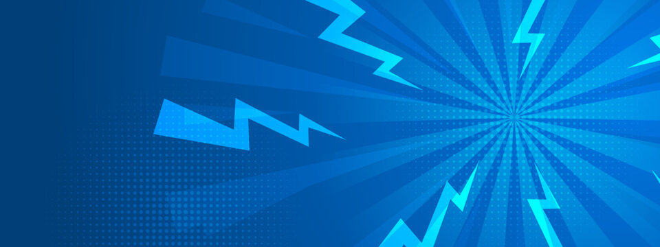 Blue pop art lightning abstract background with sunburst rays and halftone pattern