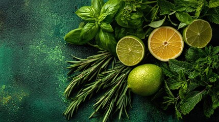 A vibrant arrangement of fresh herbs and citrus fruits on a textured green background, showcasing basil, mint, lime, and lemon slices.