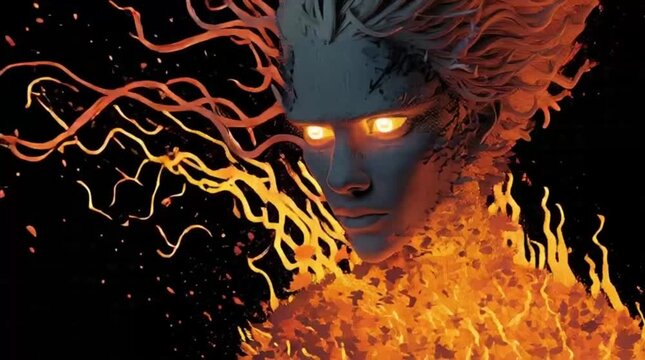 face is partially hollow and shadowed, carved inside the flames, with a glowing ember eye
