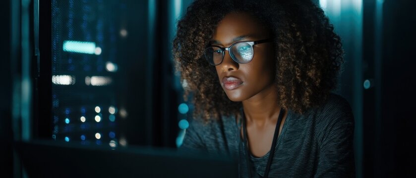 Woman working on computer in server room focused expression and glasses