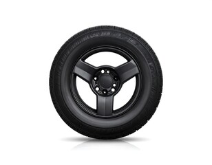 Obraz premium A single, isolated car wheel and tire against a clean white background. It's a black rim with a circular tire