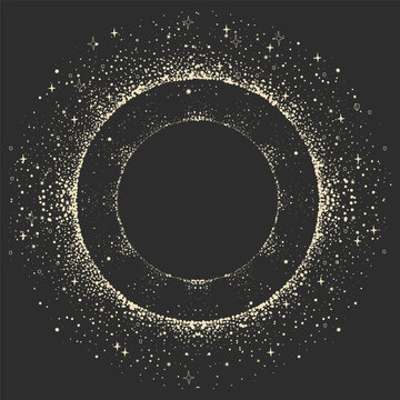 Cosmic stardust frame, celestial round border on a black background. Mystical design of the matrix of fate, the universe, fate, and . Vintage magical aesthetics illustration. Hand-drawn vector.