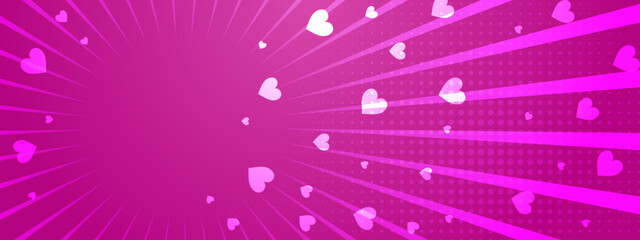 Vibrant pink comic style background featuring flying hearts and radial speed lines with dots © SyahCreation