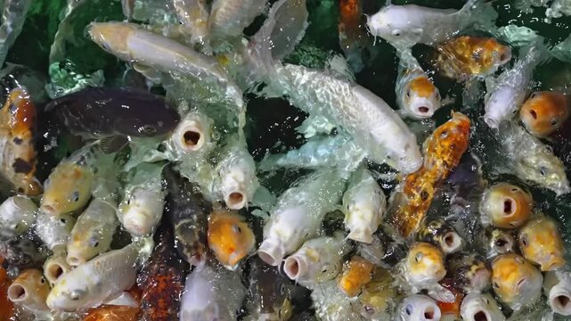 A multitude of colorful Koi fish jostle and swarm as they await food in a pond. The afternoon sunlight creates shimmering reflections on the water's surface in Kyoto.