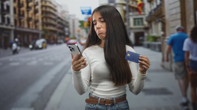 Woman holding smartphone and creditcard on a busy street while frowning at the screen; payment frustration.