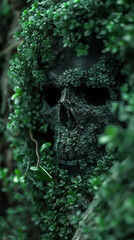 Obraz premium Dark Artistic Skull Covered in Green Foliage - Conceptual Art for Creative Design and Decoration