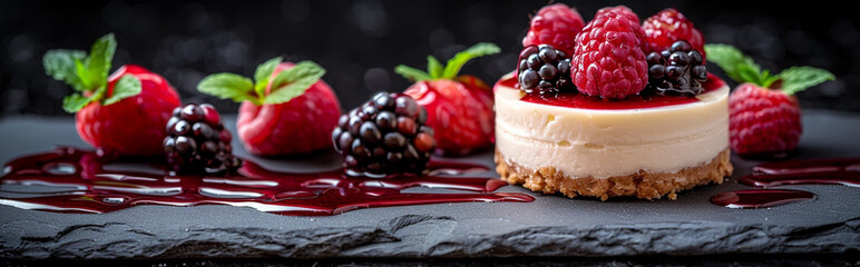 Delicious Berry Cheesecake Dessert with Fresh Raspberries and Blackberries on Slate Plate