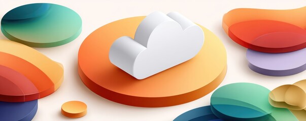 Isometric cloud icon surrounded by colorful circles representing data, cloud storage, and creative teamwork