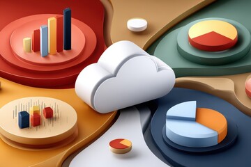 Isometric cloud icon surrounded by colorful circles representing data, analytics, and cloud services