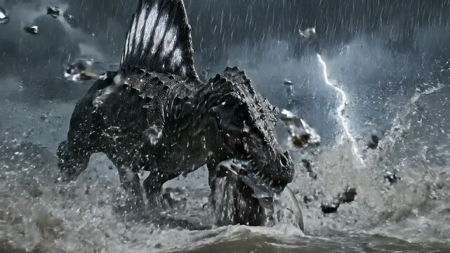 Spinosaurus hunting during thunderstorm strikes