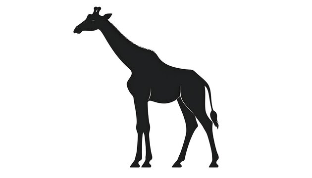 A simple, stark black silhouette of a giraffe standing tall on a clean white background, showcasing its distinctive long neck