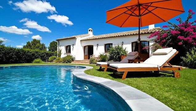 Luxury villa with swimming pool and garden on a sunny day.