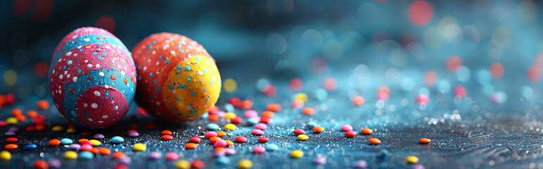 Colorful Easter Eggs with Candy Sprinkles on Sparkling Blue Background