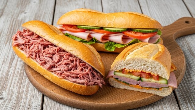 Three delicious assorted sandwiches with various ingredients presented on a wooden board against a textured background. - Powered by Adobe