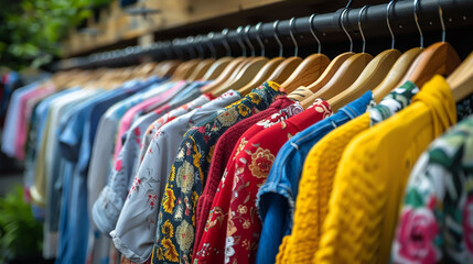 Colorful Fashion Collection Displayed on Wooden Hangers in Boutique Shop - Design Inspiration for Retail, Fashion Trends, and Clothing Stores