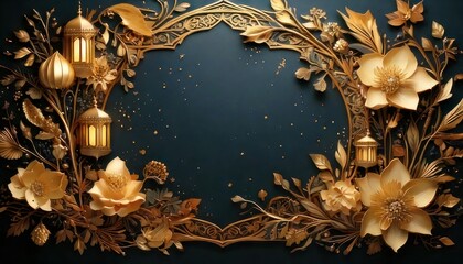 Elegant Ramadan Kareem Frame with Golden Lanterns and Floral Accents.