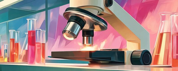 Colorful laboratory microscope close-up in vibrant research environment with glassware and equipment