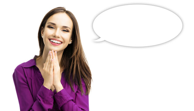 Portrait image of expressive happy brightly smile held hands together in pray gesture cute woman wear casual purple blouse cloth isolated white background. Mockup speech bubble with free ad text space
