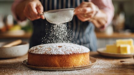 Woman with sieve sprinkling sugar powder on sponge cake in kitchen