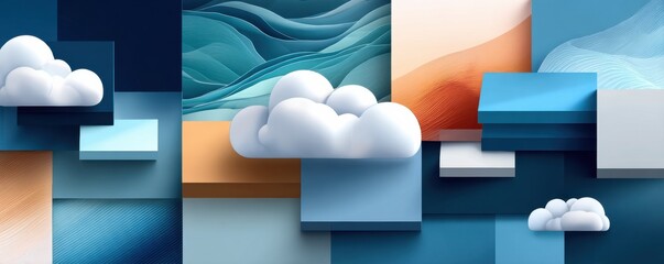 Blue abstract isometric blocks with clouds representing digital data and cloud computing concepts, modern design