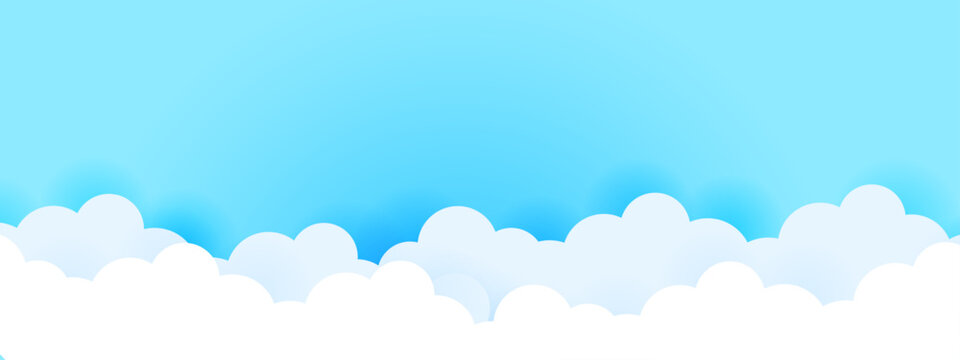 Bottom border of fluffy white paper cut clouds on a light blue gradient background