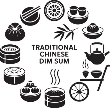 Food icons, chinese dim sum, steamer basket, asian dumpling, tea pot, breakfast meal, bamboo container, traditional cuisine