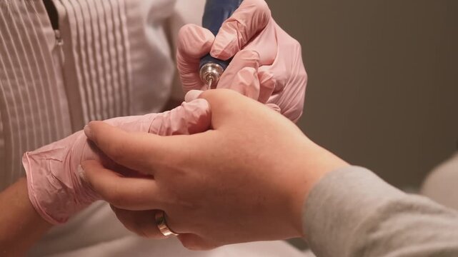 Care fingernail. Drill polish remover. Female nail manicurist hand using electric tool to cleanse old gel cover from woman finger treatment.