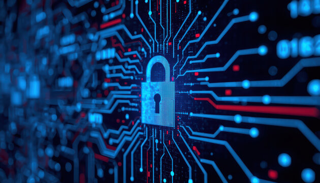 Digital padlock on circuit board network conveying cybersecurity and data protection
