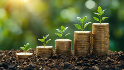 Coin stacks with sapling growth symbolizing sustainable investment and financial growth