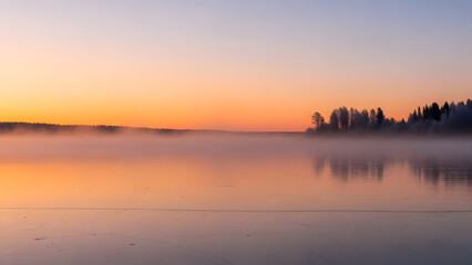 Serene frozen lake at sunrise with misty fog and pine forest silhouettes reflected in tranquil water.