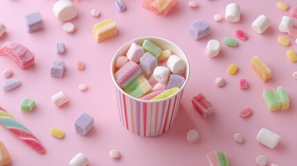 Top view of assorted multicolored sweet jelly candies and marshmallows scattered near disposable striped cup on pink background