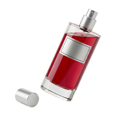 Red Perfume Bottle with Silver Cap on Transparent Background