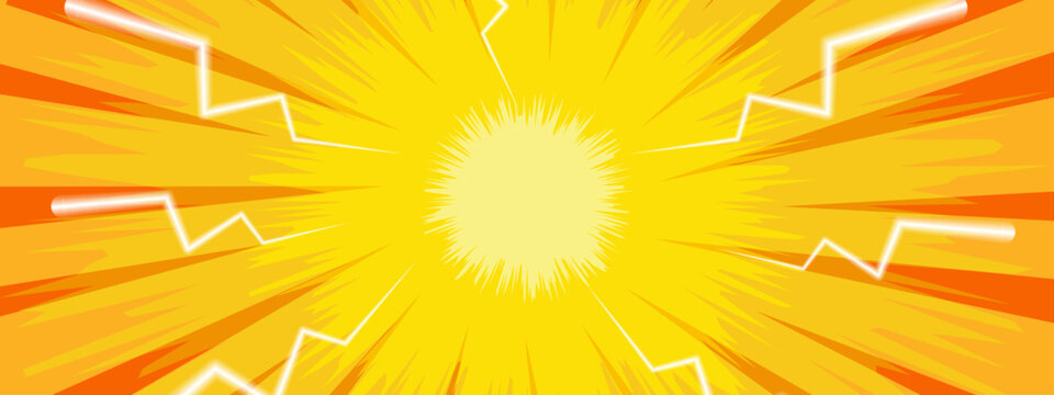 High energy comic book style background with yellow sunburst explosion and white lightning bolts