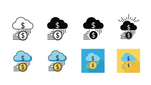 Financial technology icons showing clouds with dollar signs and coins symbolizing cloud based banking and online money transfers.