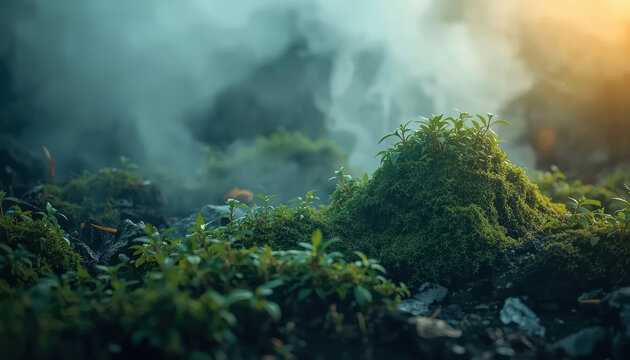 Lush green moss mound with tiny seedlings and soft morning mist evoking calm renewal