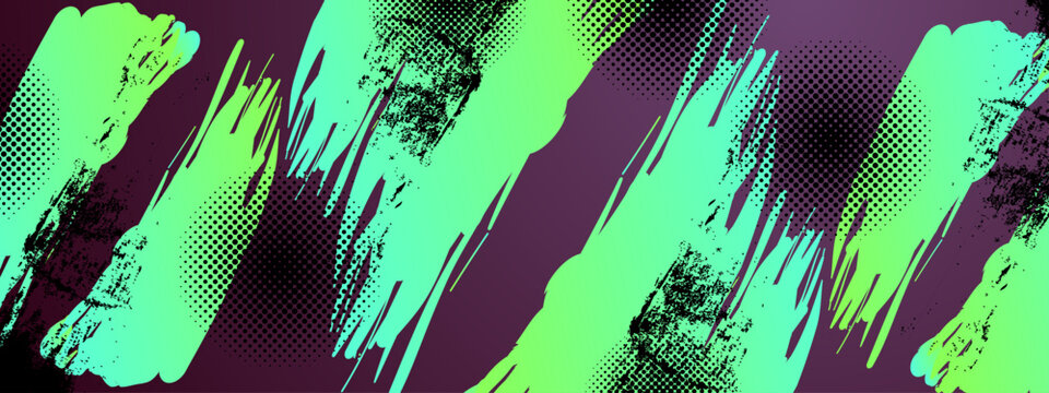 Vibrant green paint strokes over a dark purple background with halftone and texture details