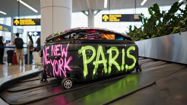 A graffiti painted suitcase on a luggage carousel in an airport terminal