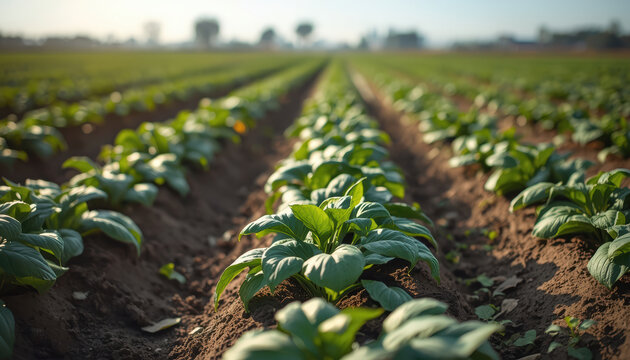 Young leafy crop rows in fertile field bathed in warm morning light expressing calm growth