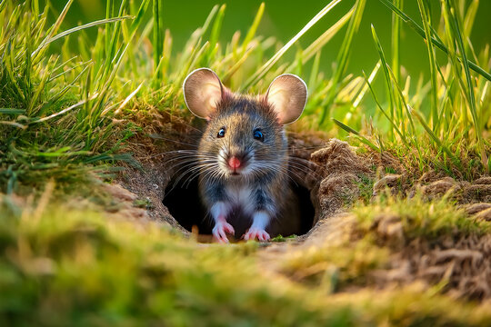 Eine kleine Maus schaut aus ihrem Mauseloch